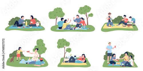 Family picnic. Seasonal outdoor activity. People eating and drinking on nature, family and friend resting. Summer park flat recent vector scenes