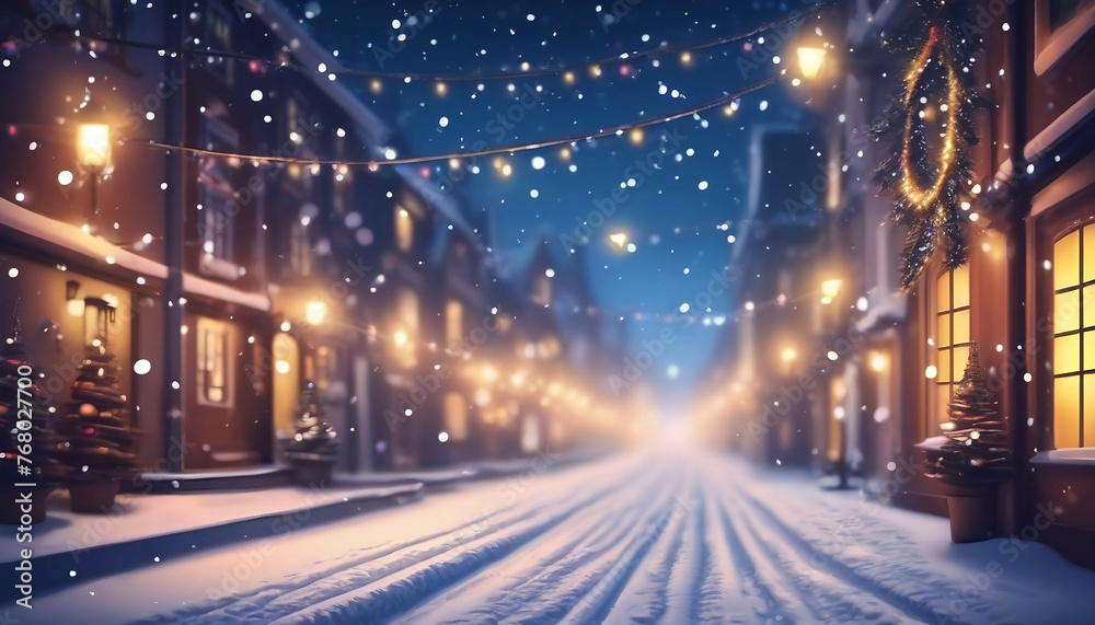 Beautiful blurred street of festive night or evening city with snowfall and Christmas lights. Abstract christmas defocused background.