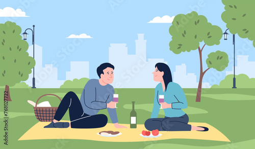 Couple on picnic. Young man and woman eating and drinking outdoor. Dating on nature, seasonal resting and recreation, flat recent vector scene