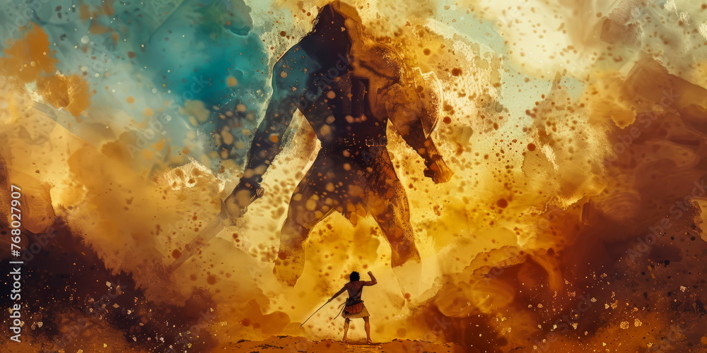 Captivating watercolor of David and Goliath, illustrating the triumph of courage and faith over adversity.. Generative AI - obrazy, fototapety, plakaty 