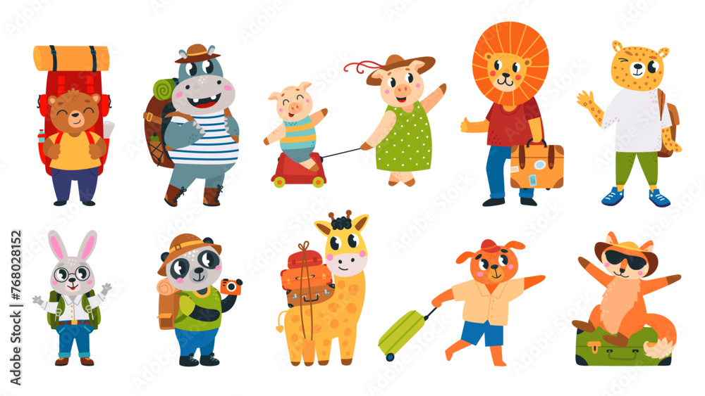 Animal and suitcases. Funny animals go travel. Touristic characters with luggage, bags and backpacks. Isolated childish mascots, classy vector set Animal and suitcases. Funny animals go travel. Touristic characters with luggage, bags and backpacks. Isolated childish mascots, classy vector set