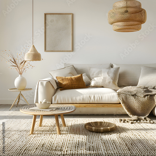 Beautiful interior of light living room with comfortable sofa, table, carpet and lamp. 3d render.