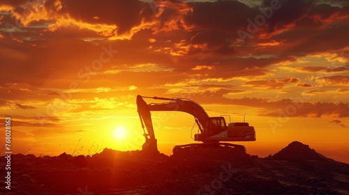 Excavator digging soil with sun setting behind