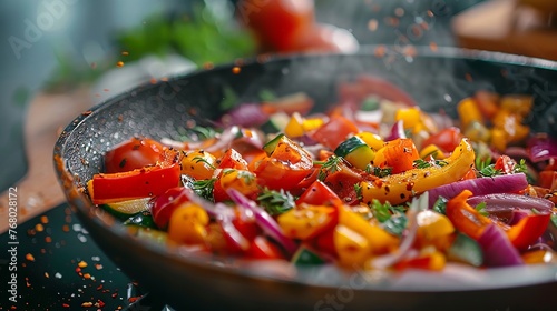 Dynamic leap of mixed veggies in a sleek frying pan
