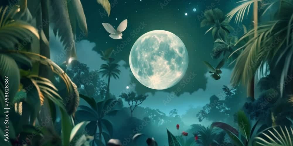 Beautiful night forest animation with palm trees and full moon