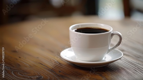 Side angle view of a coffee cup on a table with spacious area for convenient text placement