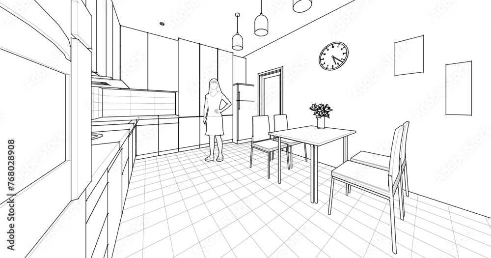  house interior design kitchen 3d illustration