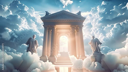 Gate to heaven paradise in white clouds. open archway gates of heaven on a bright and cloudy background 4k video. Amazing entrance to Gods paradise beauty cloudy photo
