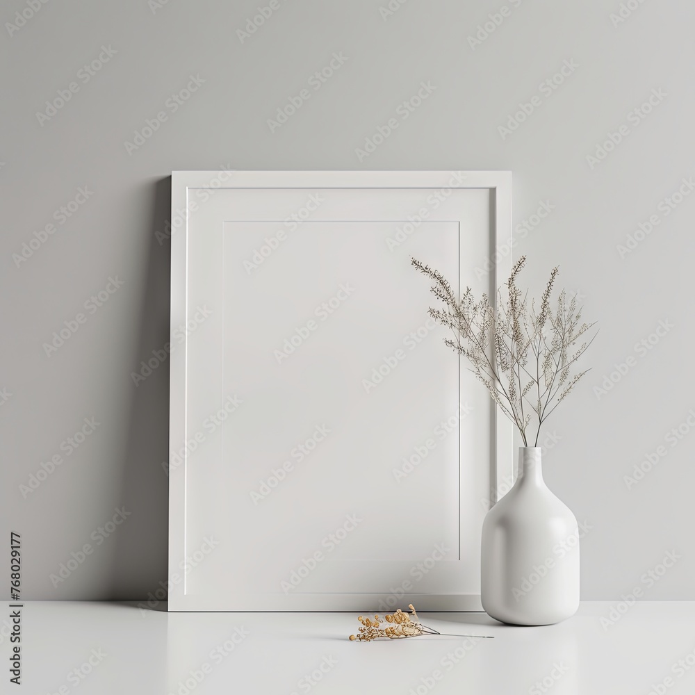 Sunlit minimalist interior design featuring a wooden cabinet, a blank mirror, and pampas grass decor.