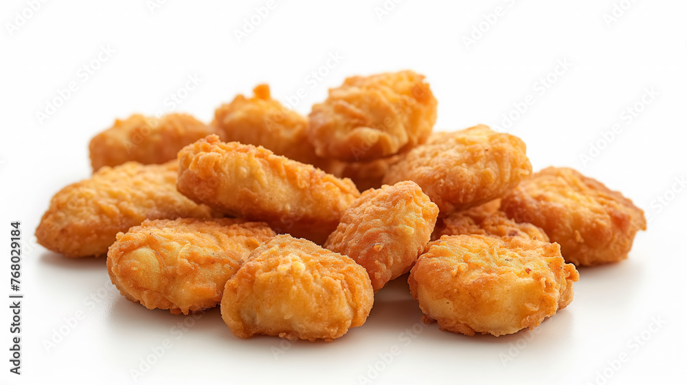 A close-up of crispy golden chicken nuggets isolated on a white background, highlighting the texture and detail. A close-up of crispy golden chicken nuggets isolated on a white background, highlighting the texture and detail.