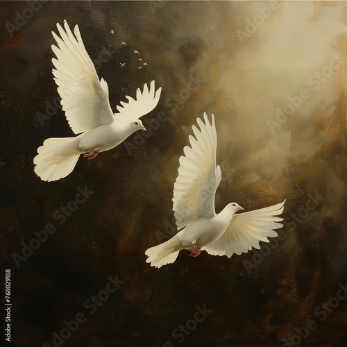 Peaceful White Doves Flying in the Sky.