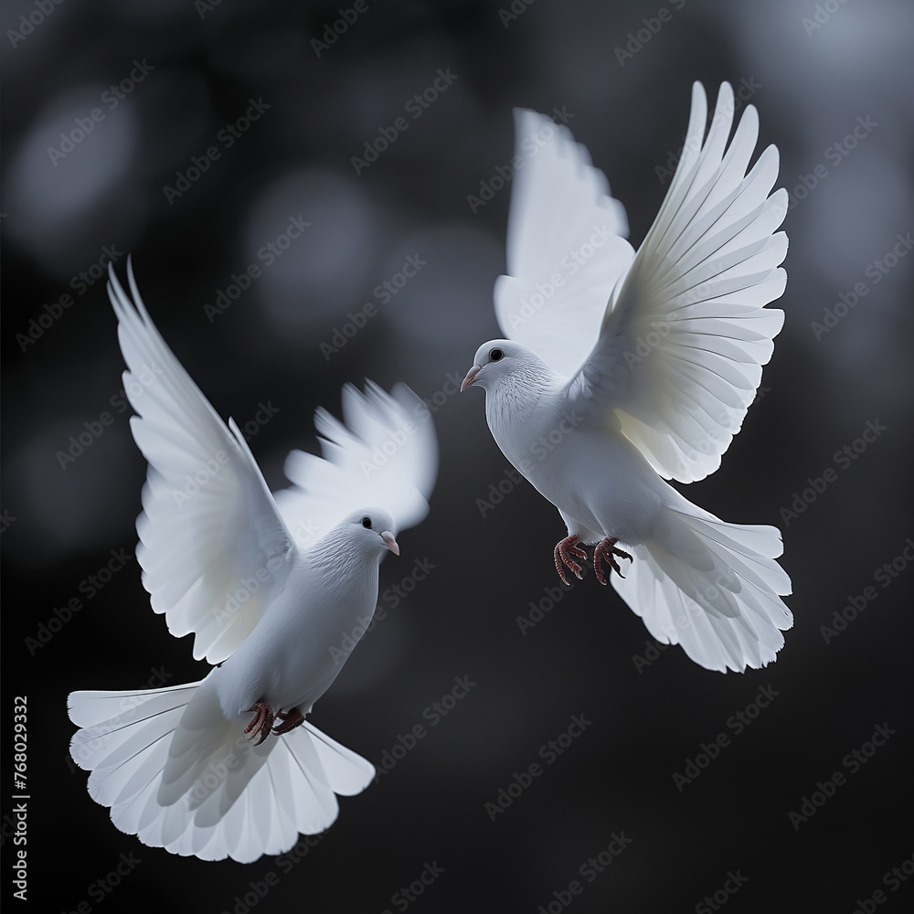 Fototapeta premium Peaceful White Doves Flying in the Sky.