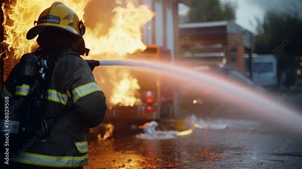 Fireman uses water and extinguisher to fight with fire flames in an emergency situation