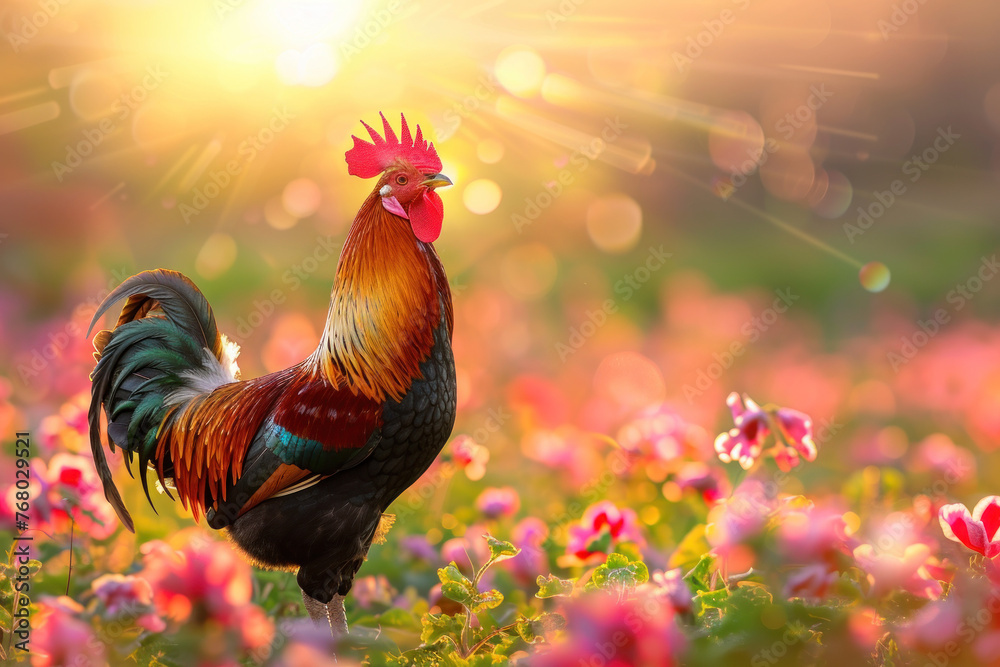 Majestic Easter Rooster at Sunrise, Easter time, Spring is coming,  Cute design