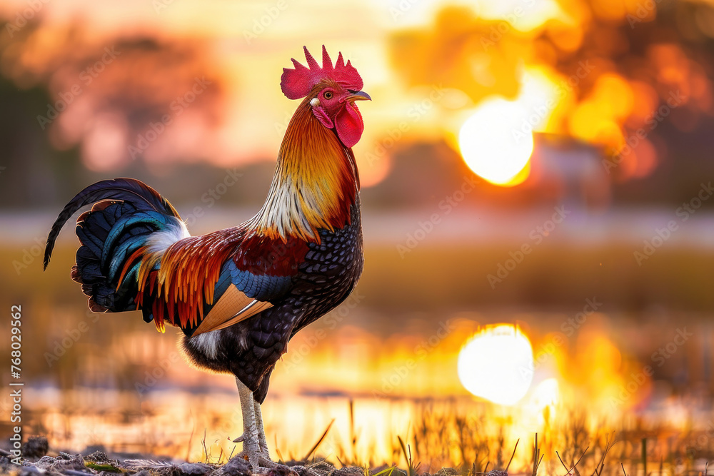 Regal Easter Rooster at Sunrise, Easter time, Spring is coming,  Cute design - obrazy, fototapety, plakaty 