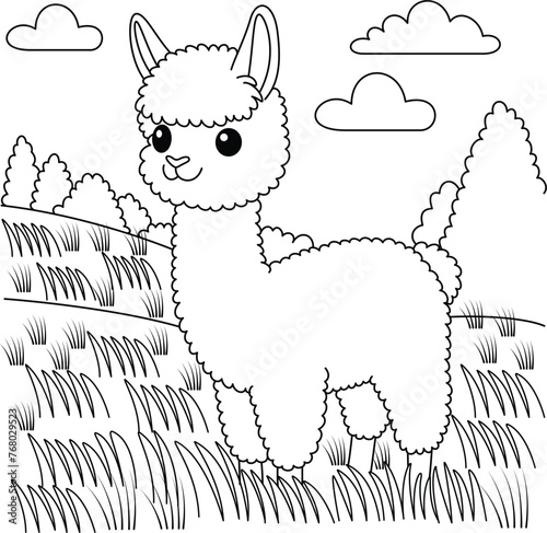 Cute kawaii alpaca amidst towering peaks and rolling hills cartoon character coloring page vector illustration