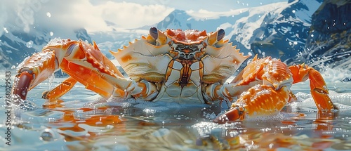 Illustration of the vanishing act of snow crabs off Alaska, with clues floating in the water, a marine mystery unveiled soft shadowns
