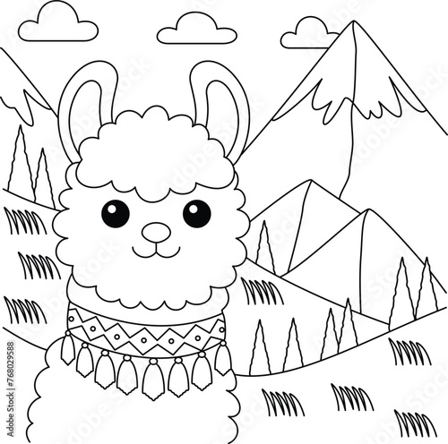 Cute kawaii llama amidst towering peaks and rolling hills cartoon character coloring page vector illustration
