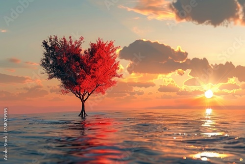 Heart tree red heart shaped tree on sunset valentine background love concept © Ariful