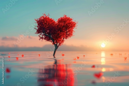 Heart tree red heart shaped tree on sunset valentine background love concept