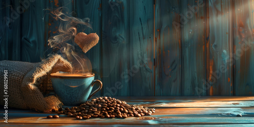 a cup of coffee with heart shape smoke on a wooden table with coffee beans background,banner