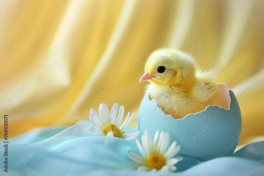 Chick Hatching from Blue Eggshell, Easter time, Spring is coming,  Cute design