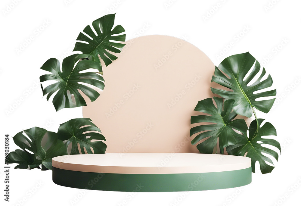 tropical monstera leaves product podium Minimalist splay platform poduim dais round tropical monstera leaf stage platform pedestal showcase circle beauty cosmetic skincare foliage minimalist plant