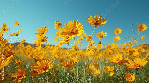 Lush meadow with vibrant yellow wildflowers under a clear blue sky