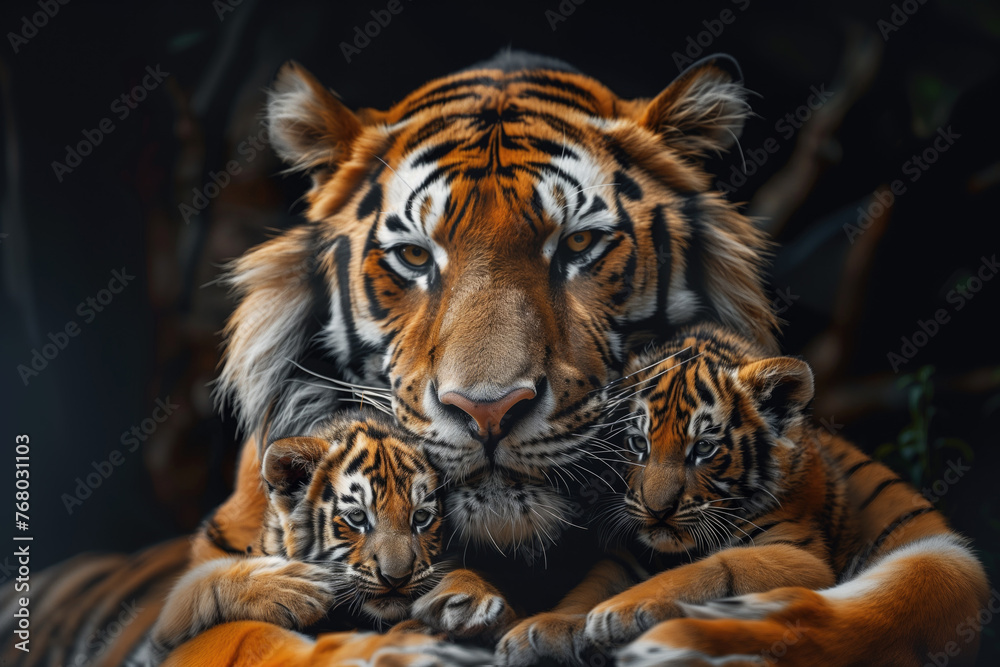 A mother tiger takes care of the tiger cubs in the wild