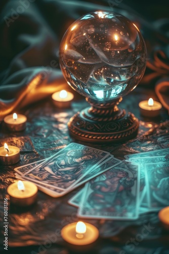 Tarot cards spread around crystal ball, dark room lit by cryptoflamed candles, ethereal effect , cinematic