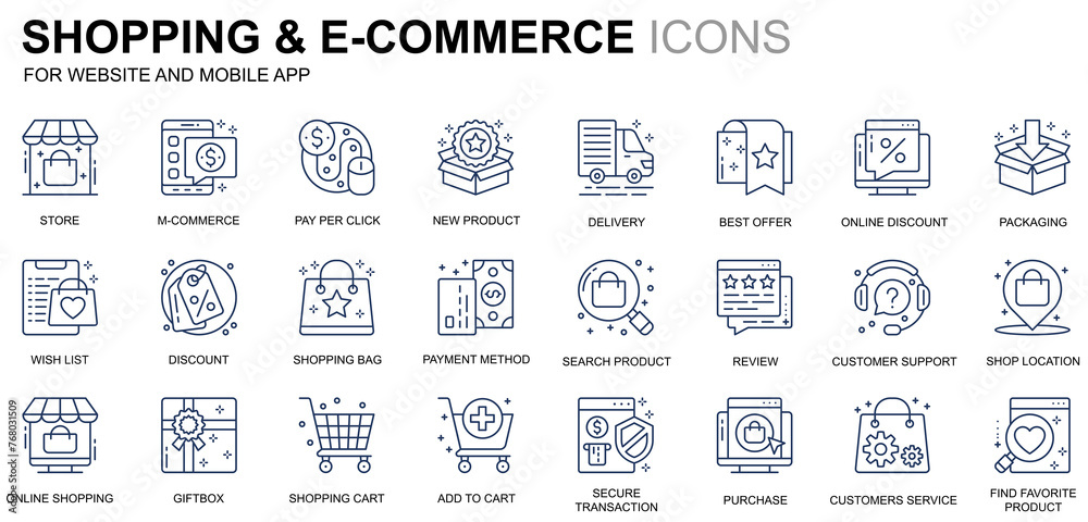 Simple Set Shopping and E-Commerce Line Icons for Website and Mobile Apps. Contains such Icons as Delivery, Payment Method, Store, Commerce. Conceptual color line icon. Pictogram pack.