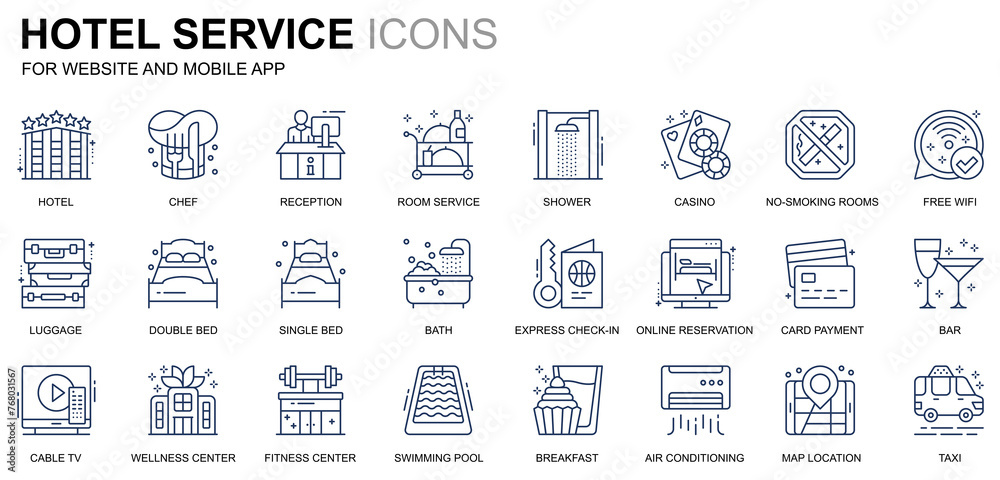 Simple Set Hotel Services Line Icons for Website and Mobile Apps. Contains such Icons as Luggage, Reception, Room Services, Fitness Center. Conceptual color line icon. Pictogram pack.