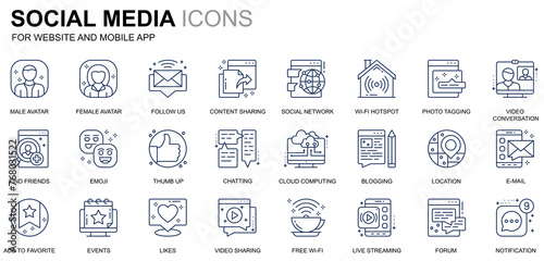 Simple Set Social Media and Network Line Icons for Website and Mobile Apps. Contains such Icons as Avatar, Emoji, Chating, Likes. Conceptual color line icon. Pictogram pack.