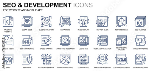 Simple Set Seo and Development Line Icons for Website and Mobile Apps. Contains such Icons as Clean Code, Data Protection, Monitoring. Conceptual color line icon. Pictogram pack.