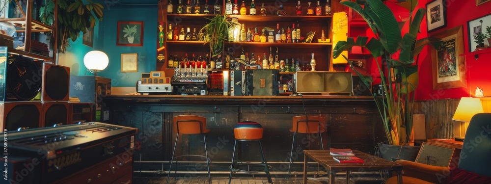 Modern-day speakeasy bar hidden behind a vintage video rental store, serving cocktails with a 90s twist.