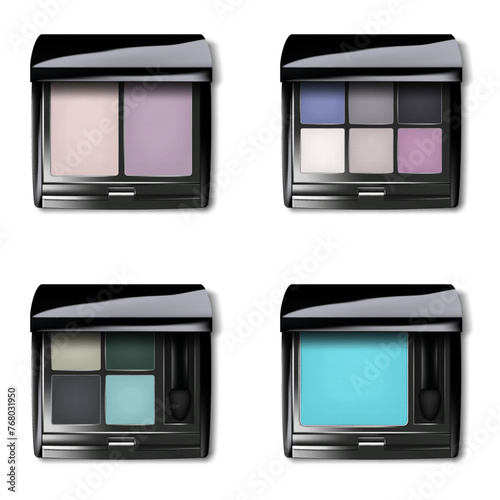 Make-up eyeshadow palette. Realistic vector set. Open color makeup eye shadow kit square case packaging. Easy to recolor
