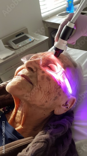 Senior receiving laser treatment, soft glow, birdseye view, hightech clinic , hyper realistic photo