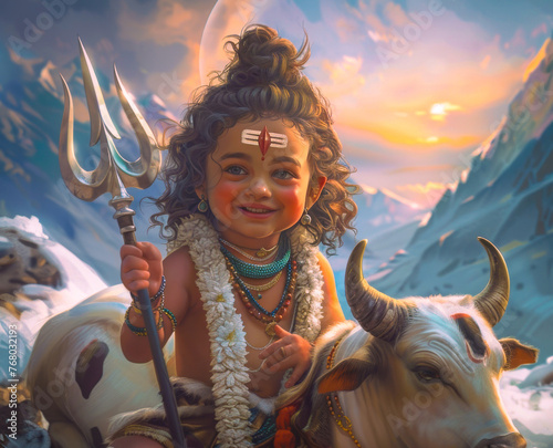 portrait of little shiv holding trident sitting on cow shiva as kid