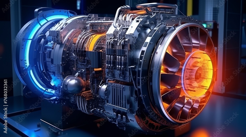 Fototapeta premium Futuristic industrial gas turbine engine. Engineering equipment