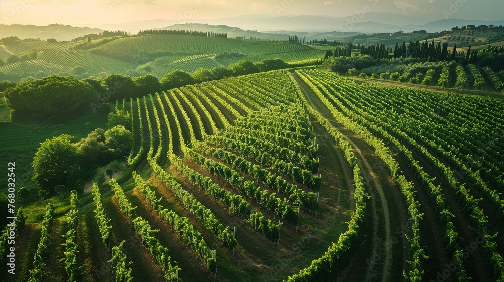 Overhead drone shot of a maze-like vineyard in Tuscany, Italy, late afternoon, highlighting the geometric beauty and green hues, for travel and wine enthusiasts.