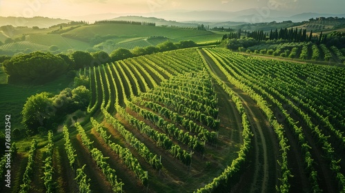 Overhead drone shot of a maze-like vineyard in Tuscany, Italy, late afternoon, highlighting the geometric beauty and green hues, for travel and wine enthusiasts. photo