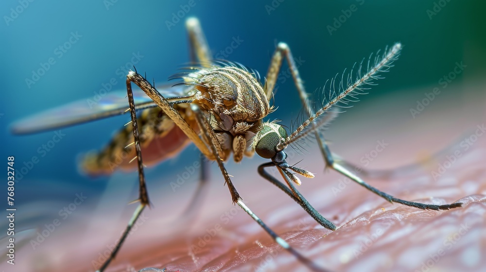 Fototapeta premium Close-up shows a mosquito feeding on human skin