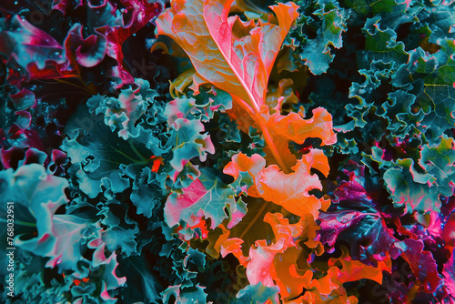 Vibrant kale leaves in red and orange stacked on top of each other in a close up shot