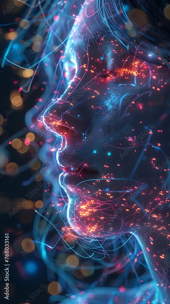 Digital mindscape where futuristic AI and human thoughts intertwine, forming a neon-lit matrix of intelligence 
