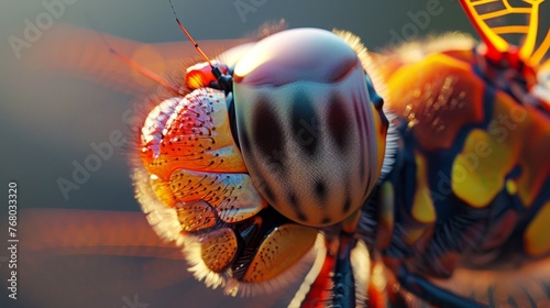 Extreme close-up macro photography capturing the intricate details of a dragonfly's head and compound eyes with vibrant colors. © Sodapeaw