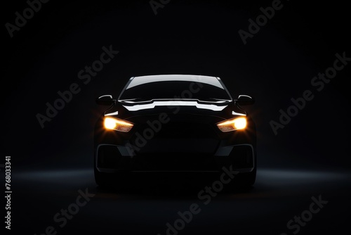 Black background with silhouette of black car  high contrast  illuminated headlights Generative AI
