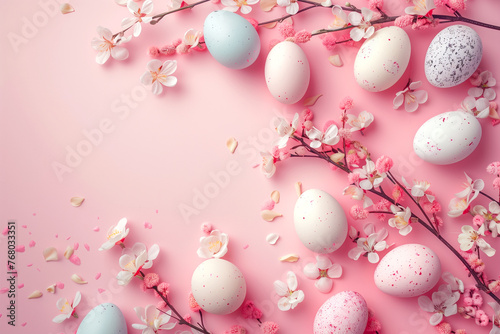 Flat lay of Easter eggs with cherry blossoms on pink backdrop, suited for springtime holiday themes.