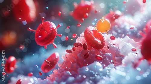 A red cell passes an oxygen molecule, medical illustration to explain the process of oxygen delivery to tissues photo