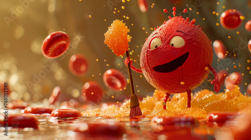 A red blood cell using a tiny broom to clear away cholesterol plaque, medical illustration, educating on the importance of vascular health