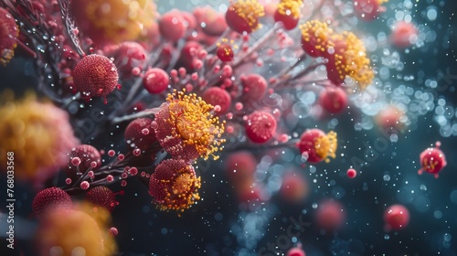 A 3D capturing the conceptual and artistic representation of viruses, emphasizing their complex structures in a dynamic environment.